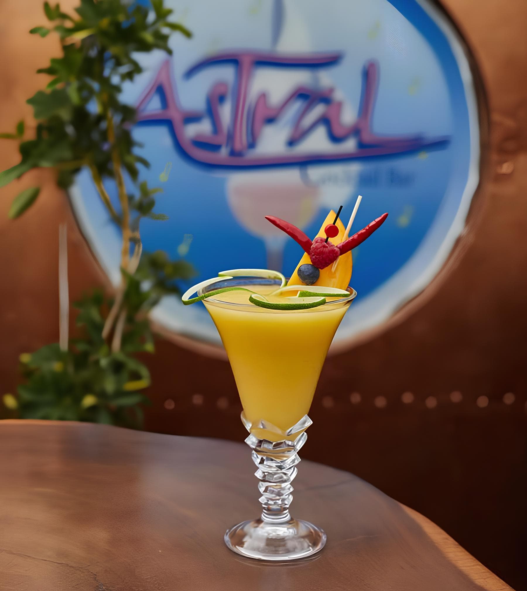 Cóctel artesanal con guarnición de frutas tropicales en el bar de cócteles Astral de Marbella