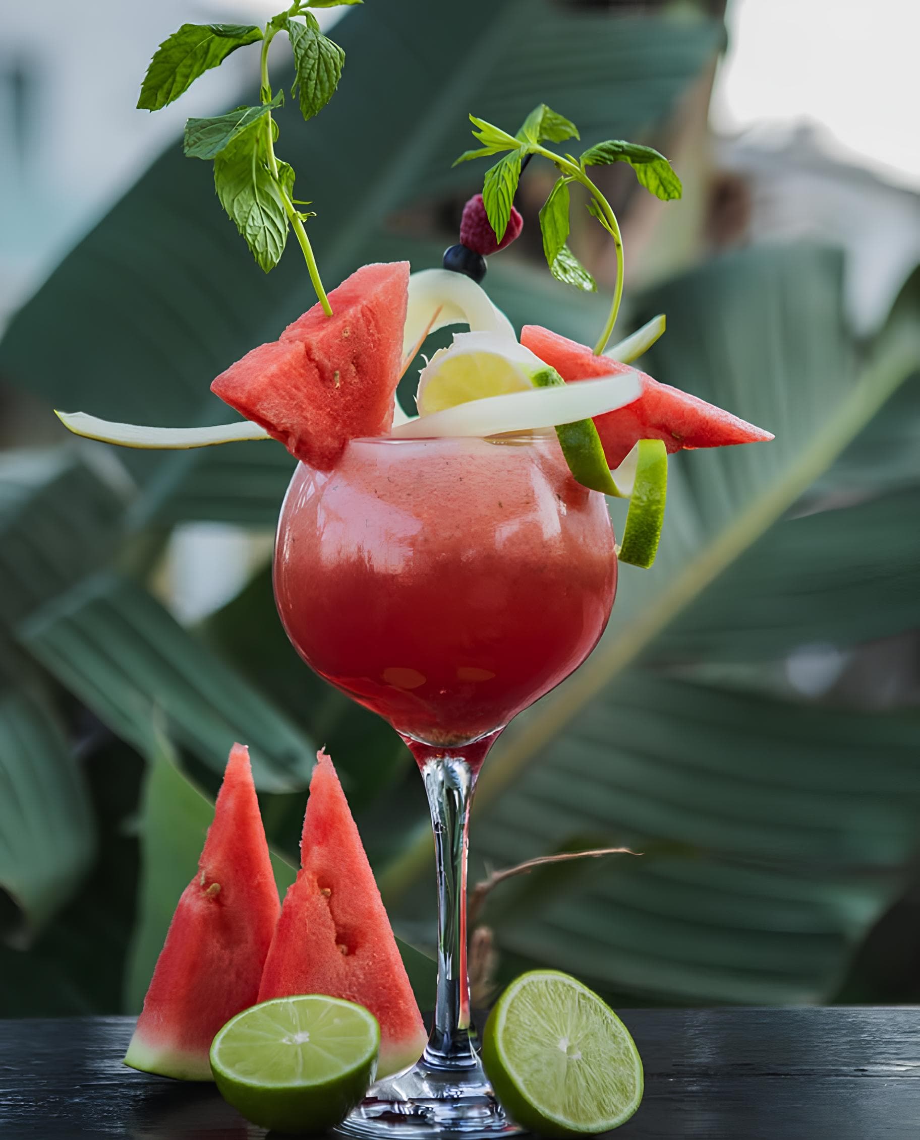 Cóctel fresco de sandía con guarnición de lima en el bar galeón de Puerto Banús
